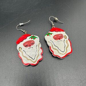 Santa Claus Dangle Earrings Christmas Hand Painted Wooden Kitschy Handmade Red